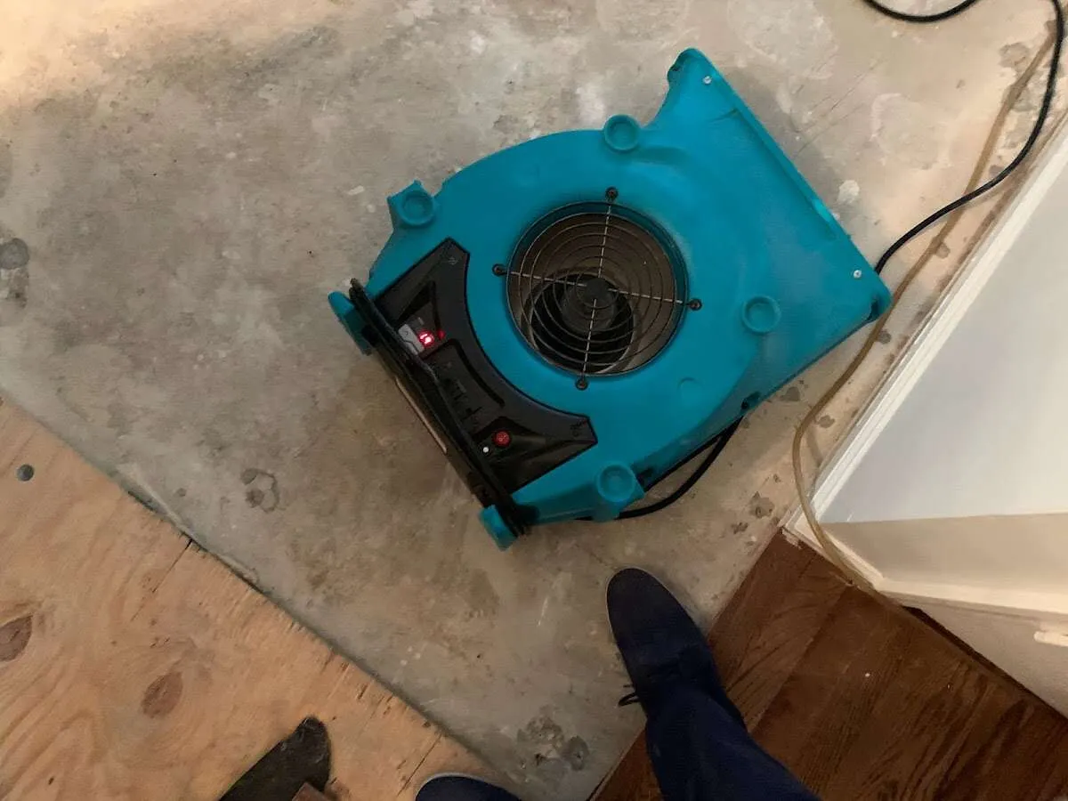 Air mover drying subfloor during Leak Detection & Repair in Thetford